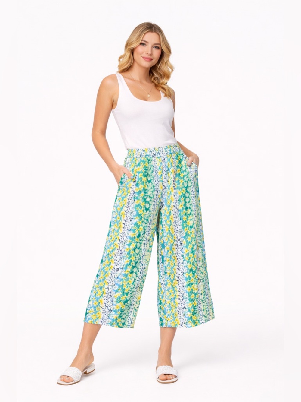 LOFT Linen Wide Leg Pants Floral Cropped Pull On Blue Green XL‎ Cottagecore